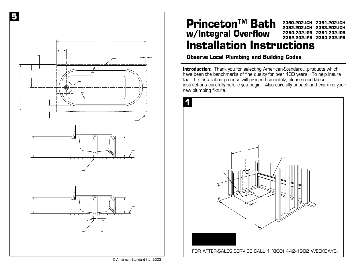 Princeton™ bath, Installation instructions, W/integral overflow | Framing instructions, Important, Roughing-in, Observe local plumbing and building codes, Introduction | American Standard 2390.202 User Manual | Page 3 / 12