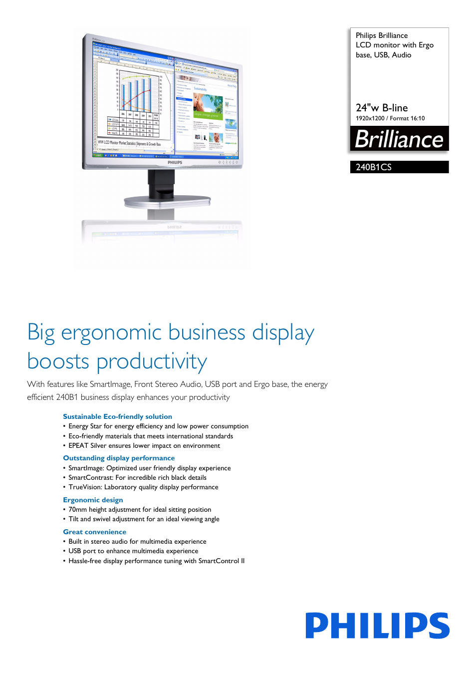 Philips Brilliance LCD monitor with Ergo base USB Audio 240B1CS 24"w B-line 1920x1200 - Format 1610 User Manual | 3 pages