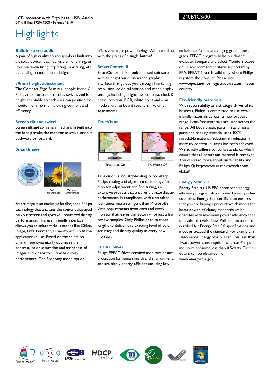 Highlights | Philips Brilliance LCD monitor with Ergo base USB Audio 240B1CS 24"w B-line 1920x1200 - Format 1610 User Manual | Page 2 / 3