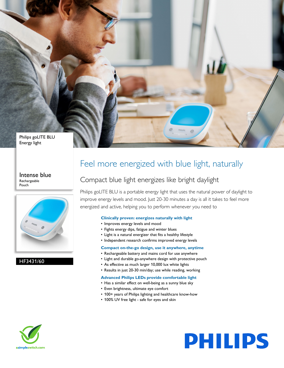 Philips goLITE BLU Energy light HF3431-60 Intense blue Rechargeable Pouch User Manual | 3 pages