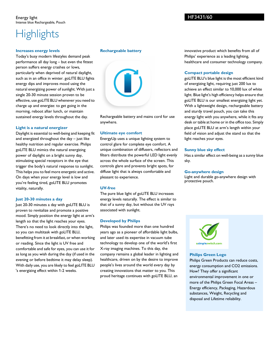 Highlights | Philips goLITE BLU Energy light HF3431-60 Intense blue Rechargeable Pouch User Manual | Page 2 / 3