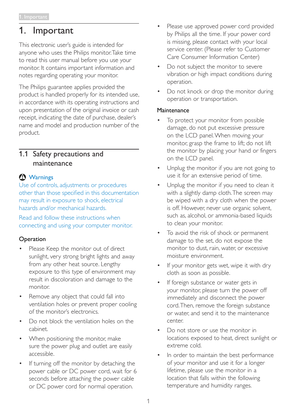 Important, 1 safety precautions and maintenance, 1 safety precautions and maintenance .1 | Philips 19B4LCB5-27 User Manual | Page 3 / 46