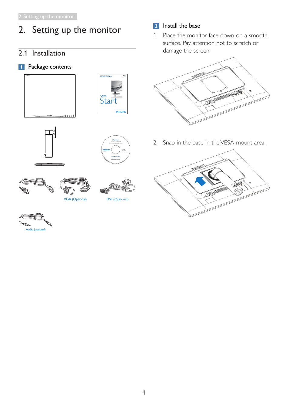 Setting up the monitor, 1 installation, Package contents | Philips 19B4LCB5-27 User Manual | Page 6 / 46