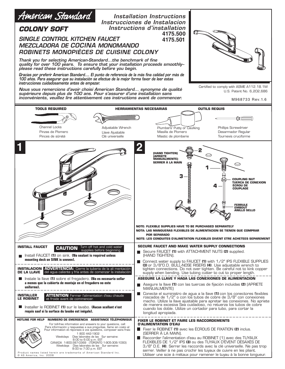 American Standard Colony Soft Single Control Kitchen Faucet 4175.5 User Manual | 4 pages