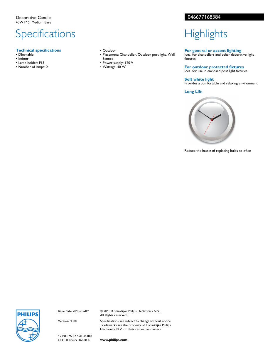 Specifications, Highlights | Philips 046677168384 User Manual | Page 2 / 2