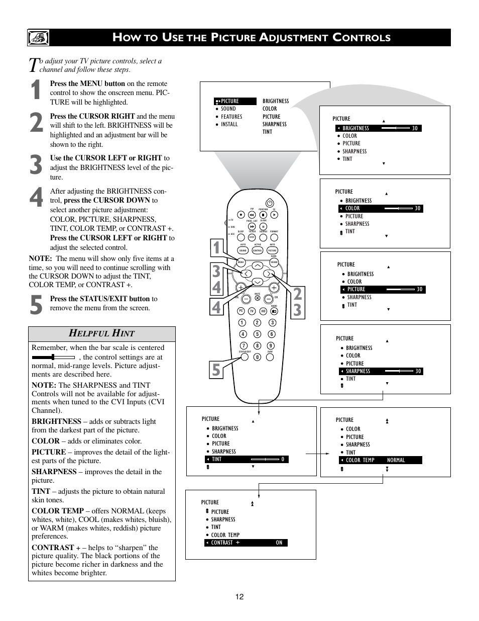 Ow to, Se the, Icture | Djustment, Ontrols | Philips 17PF9936-37 User Manual | Page 12 / 64