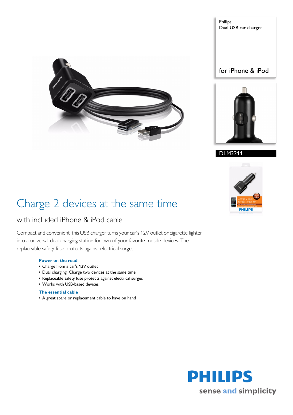 Philips Dual USB car charger DLM2211 for iPhone & iPod User Manual | 2 pages