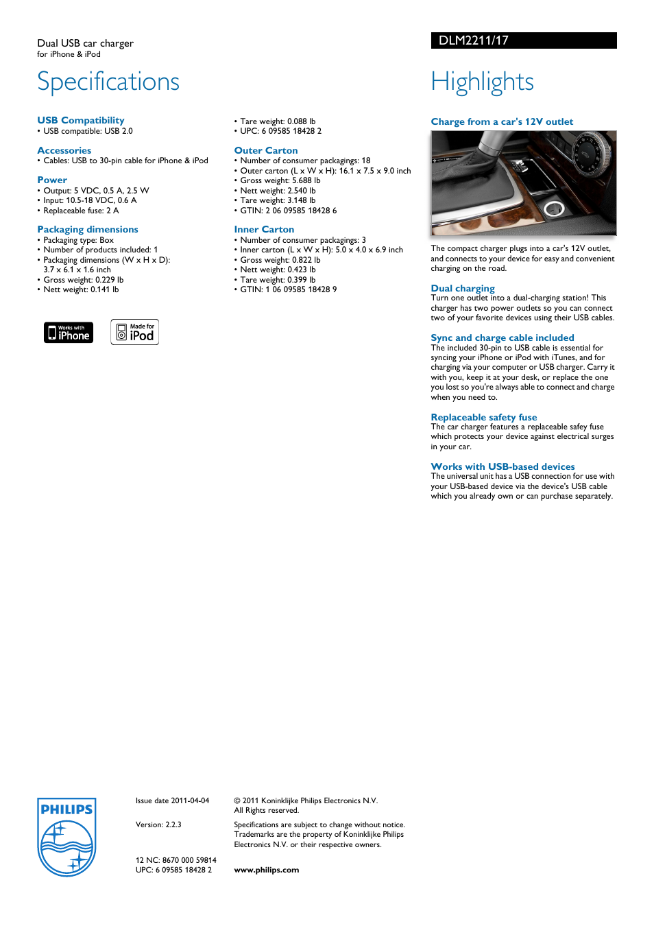 Specifications, Highlights | Philips Dual USB car charger DLM2211 for iPhone & iPod User Manual | Page 2 / 2