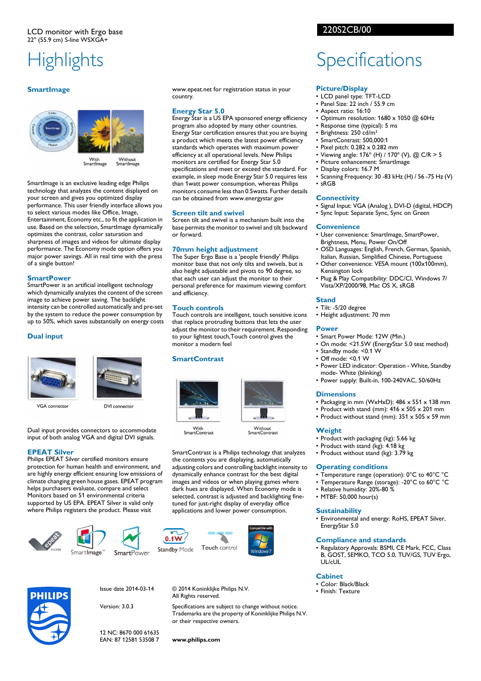 Highlights, Specifications | Philips 220S2CB-00 User Manual | Page 2 / 2