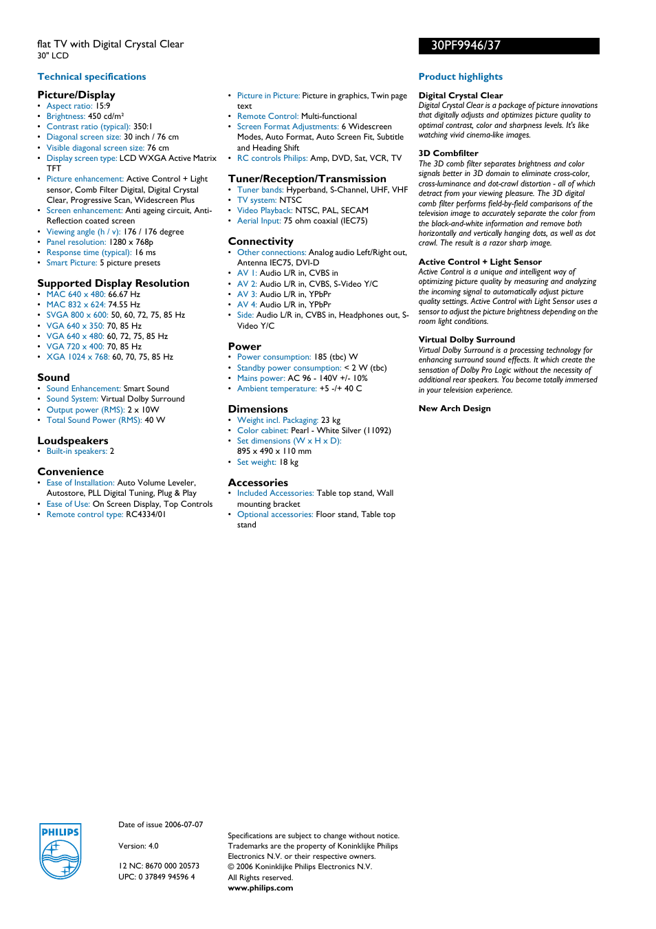 For preview purpose only | Philips 30PF9946-37 User Manual | Page 2 / 2