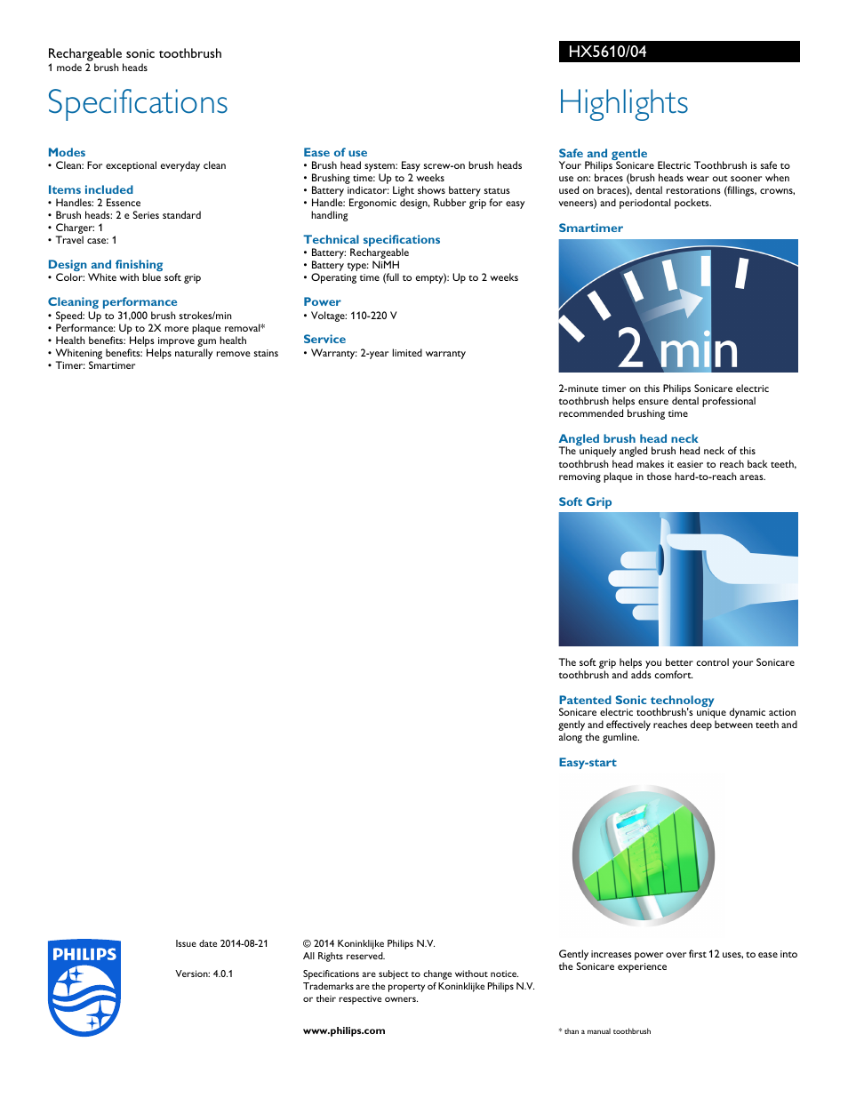 Specifications, Highlights | Philips HX5610-04 User Manual | Page 2 / 2