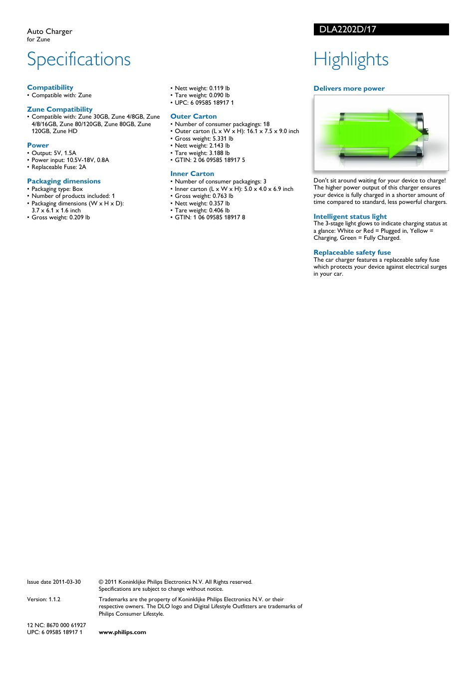 Specifications, Highlights | Philips DLA2202D-17 User Manual | Page 2 / 2