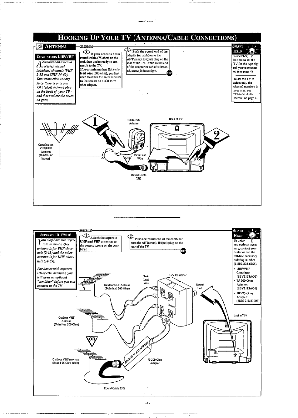 Hooking up your tv (antenna/cable connections), Antenna, Ooking | Ntenna, Able, Onnections | Philips PR1304B User Manual | Page 2 / 8