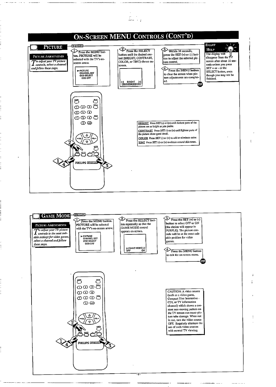 On-screen menü controls (cont’d), Picture, Menü c | Creen, Ontrols | Philips PR1304B User Manual | Page 6 / 8