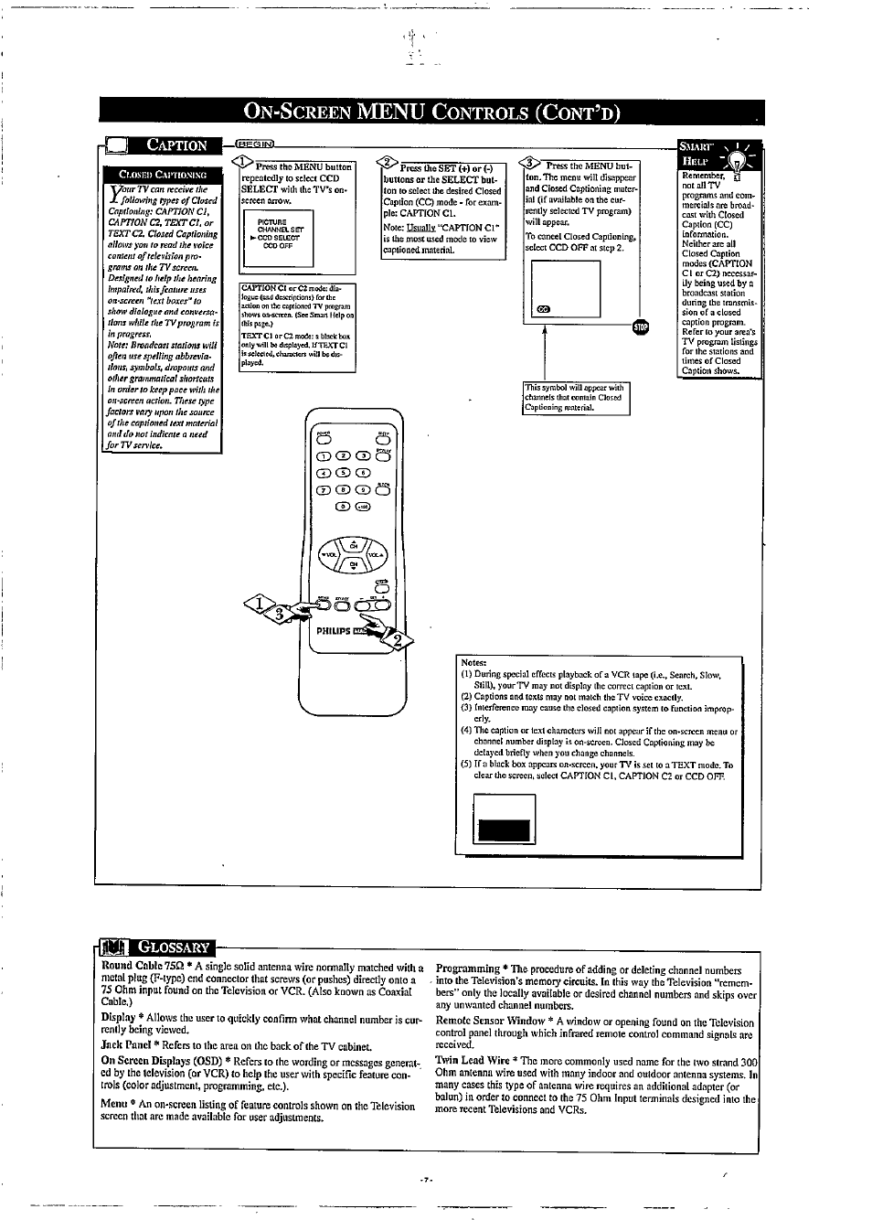 On-screen menu controls (cont’d), Caption, Menu | Bhsn, Creen, Ontrols | Philips PR1304B User Manual | Page 7 / 8