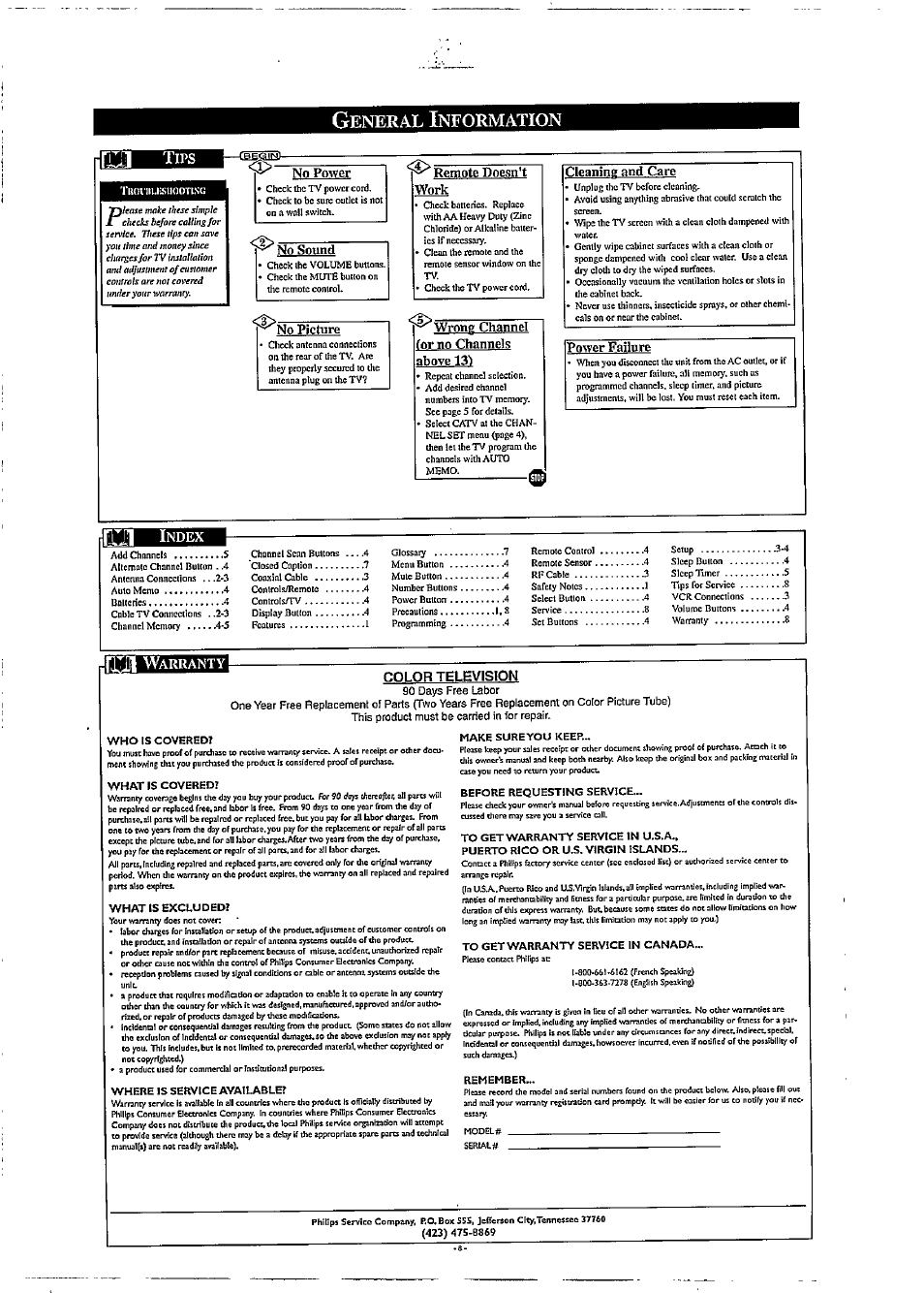 General information, Eneral, Nformation | No power, Work, No sound, Remote doesn't, No picture, Wrong; channel for no channels above is'i, Cleaning and care | Philips PR1304B User Manual | Page 8 / 8