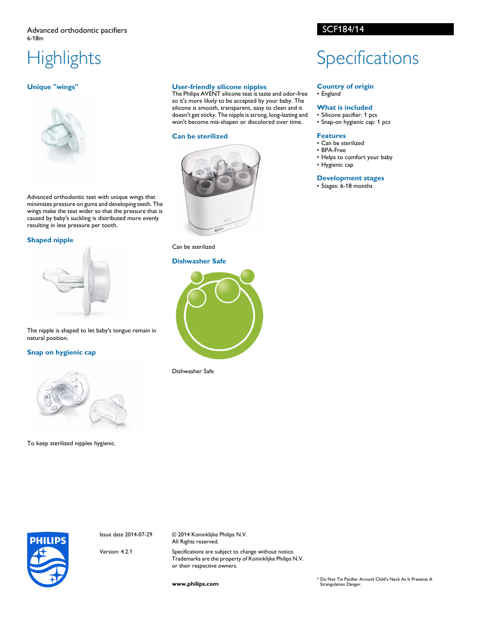 Highlights, Specifications | Philips SCF184-14 User Manual | Page 2 / 2