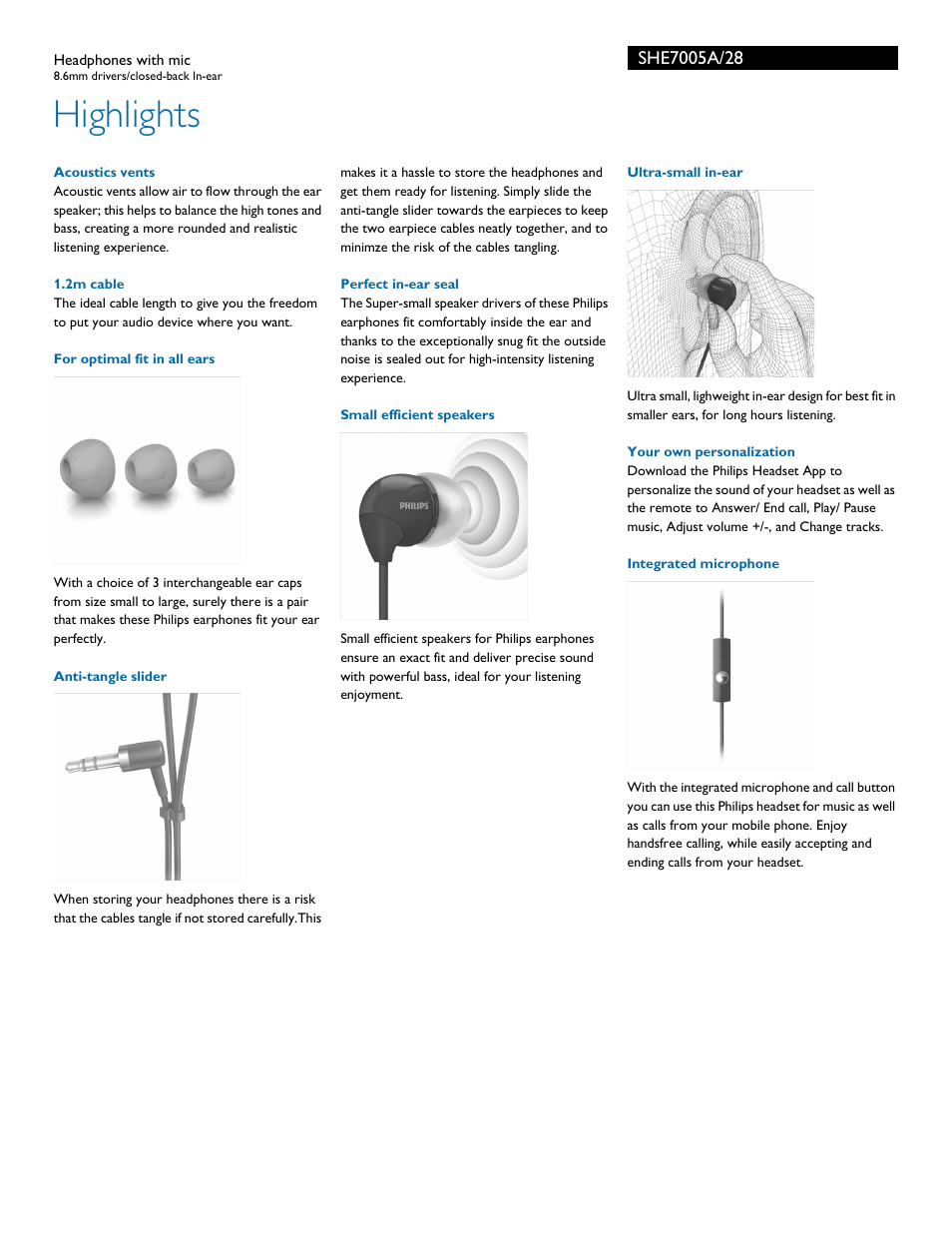 Highlights | Philips SHE7005A-28 User Manual | Page 2 / 3