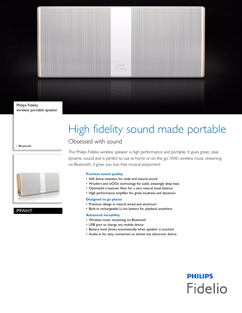 Philips Fidelio wireless portable speaker P9WHT Bluetooth User Manual | 3 pages