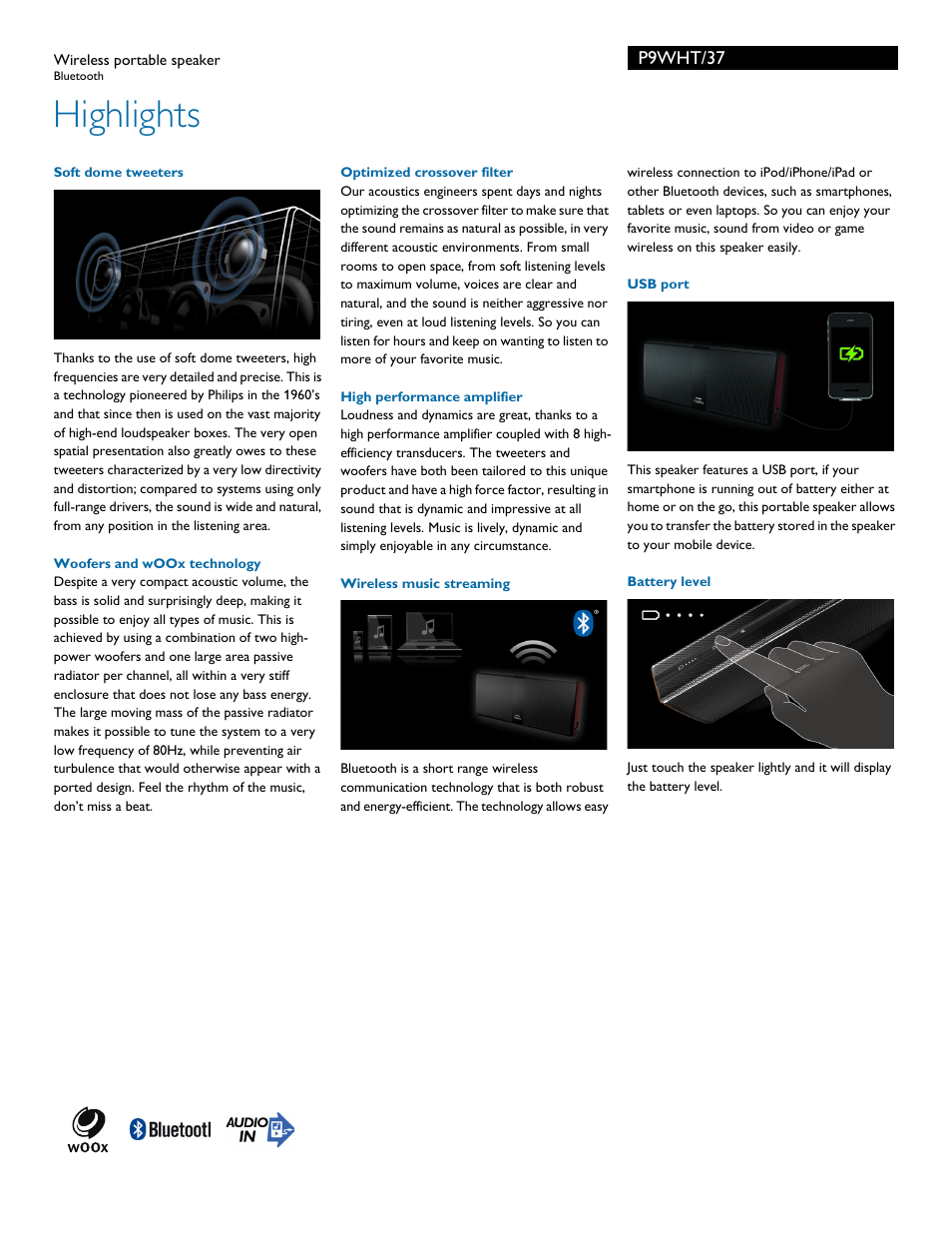 Highlights | Philips Fidelio wireless portable speaker P9WHT Bluetooth User Manual | Page 2 / 3