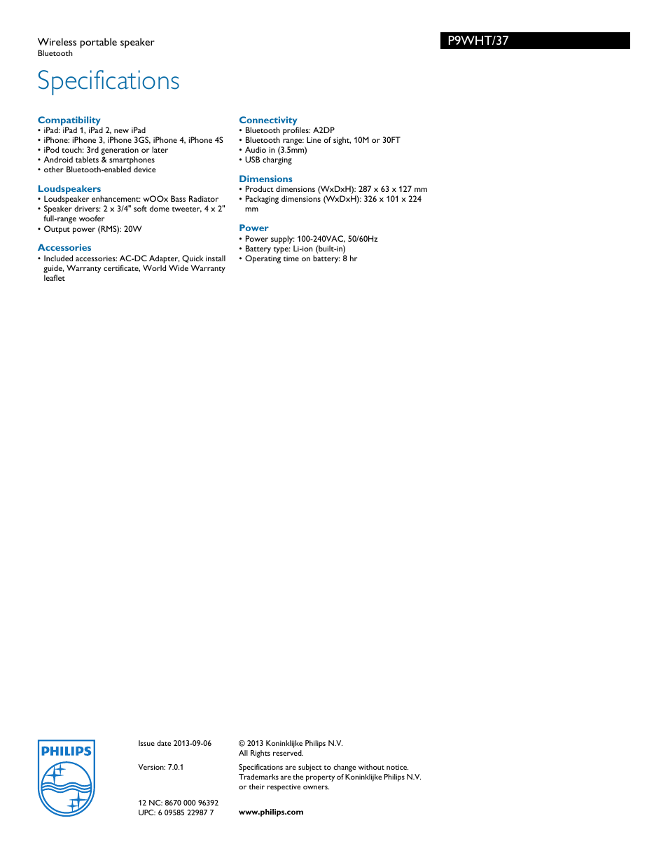 Specifications, P9wht/37 | Philips Fidelio wireless portable speaker P9WHT Bluetooth User Manual | Page 3 / 3