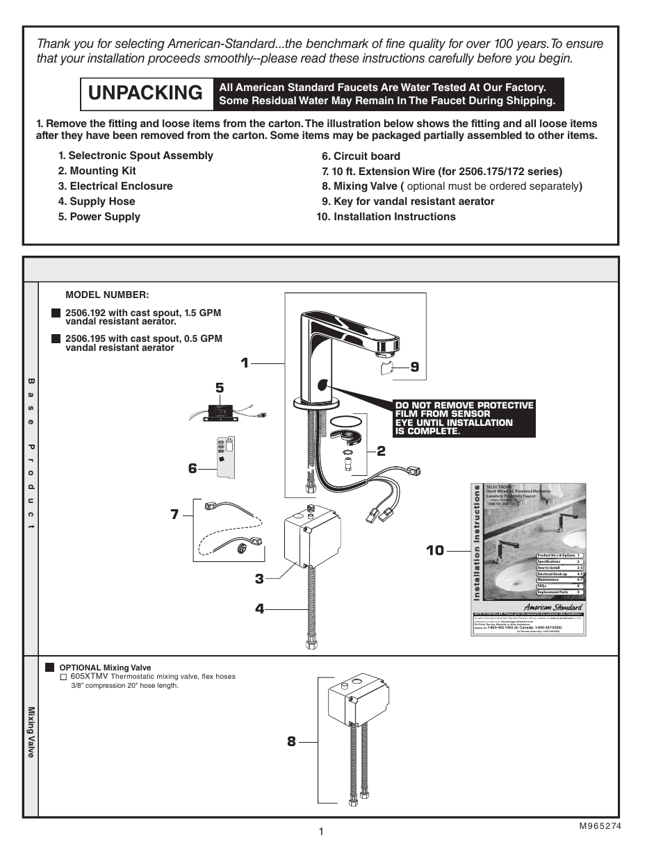 Unpacking | American Standard Selectronic 195 User Manual | Page 2 / 9