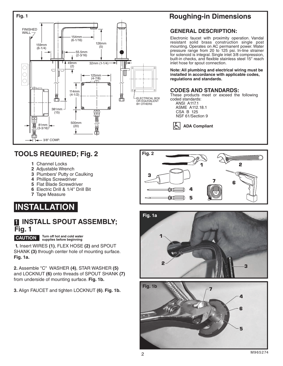 Installation, Tools required; fig. 2, Roughing-in dimensions | Install spout assembly; fig. 1, General description, Codes and standards | American Standard Selectronic 195 User Manual | Page 3 / 9