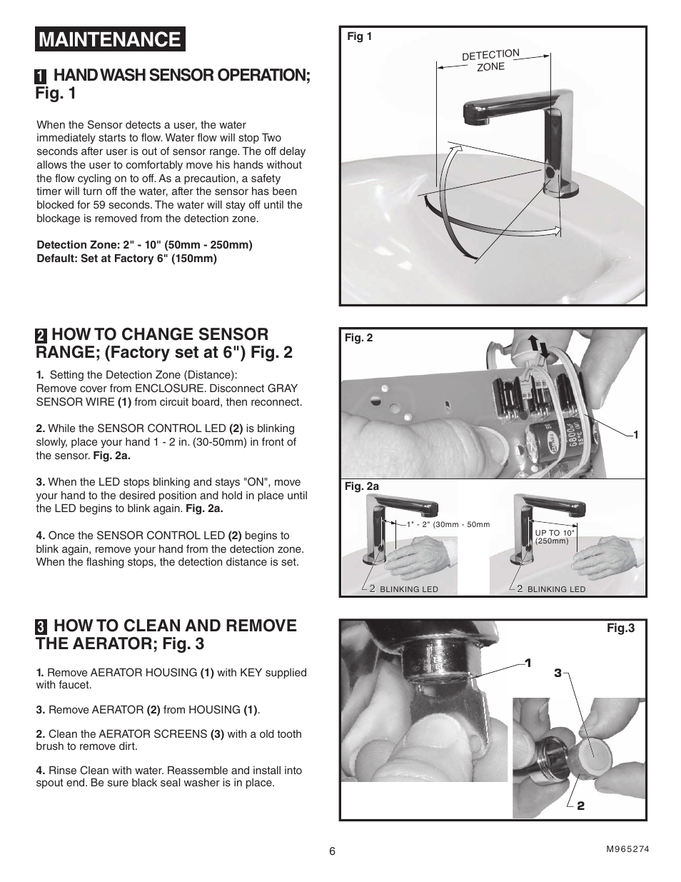 Maintenance, Hand wash sensor operation; fig. 1, How to clean and remove the aerator; fig. 3 | American Standard Selectronic 195 User Manual | Page 7 / 9