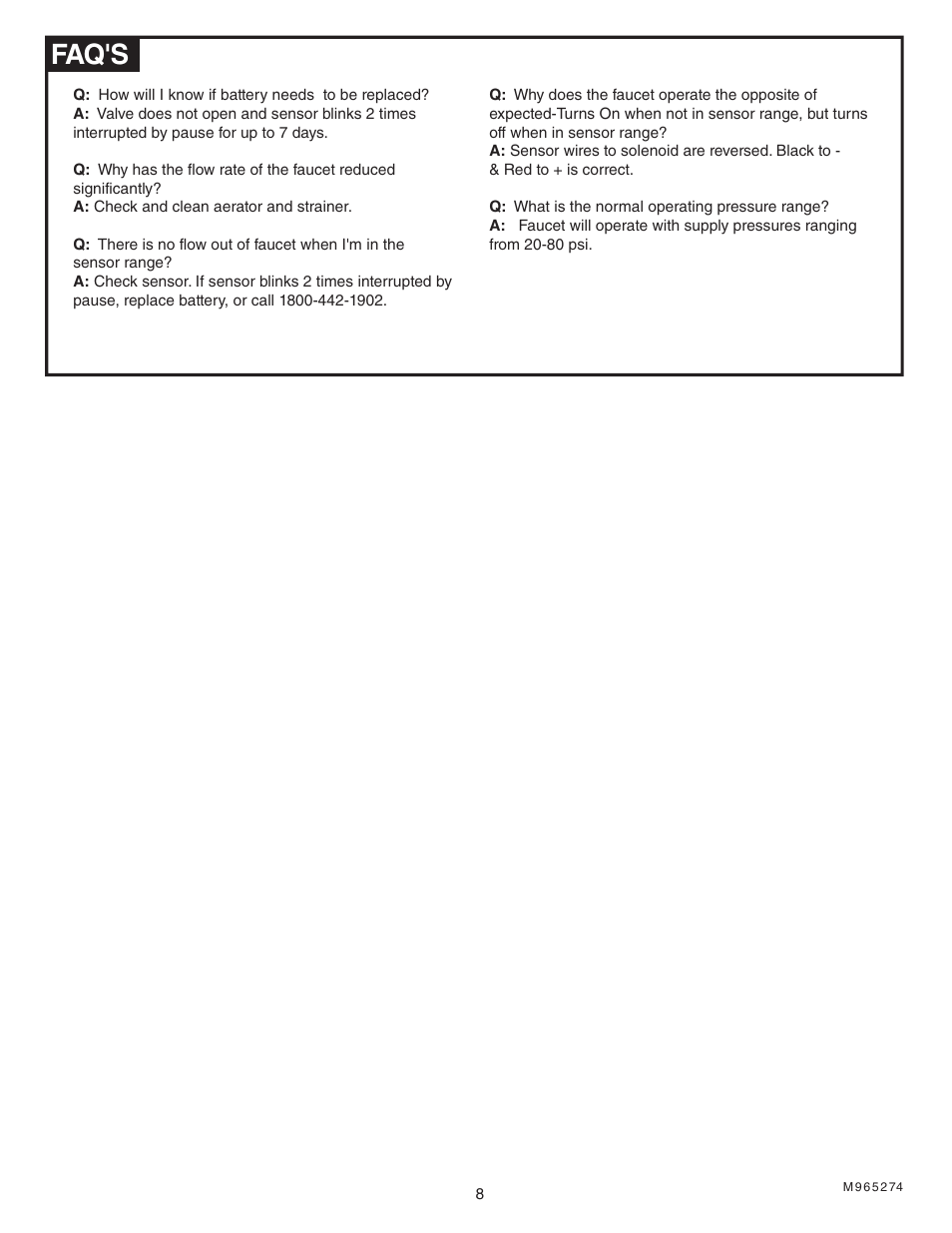 Faq's | American Standard Selectronic 195 User Manual | Page 9 / 9