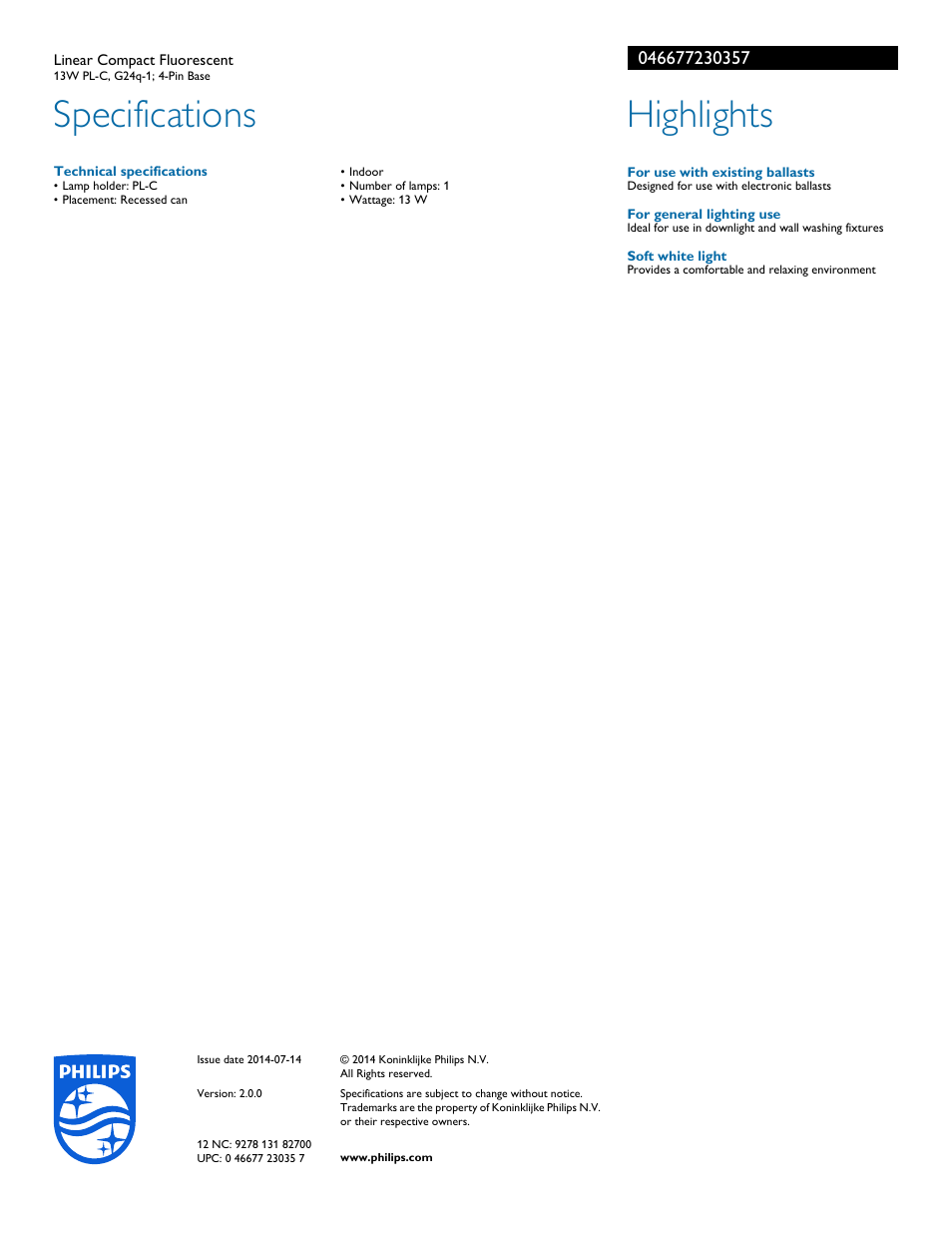 Specifications, Highlights | Philips 046677230357 User Manual | Page 2 / 2