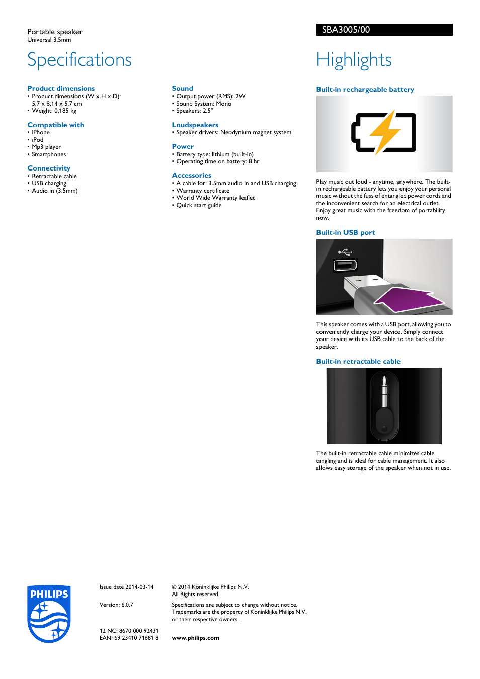 Specifications, Highlights | Philips SBA3005-00 User Manual | Page 2 / 2