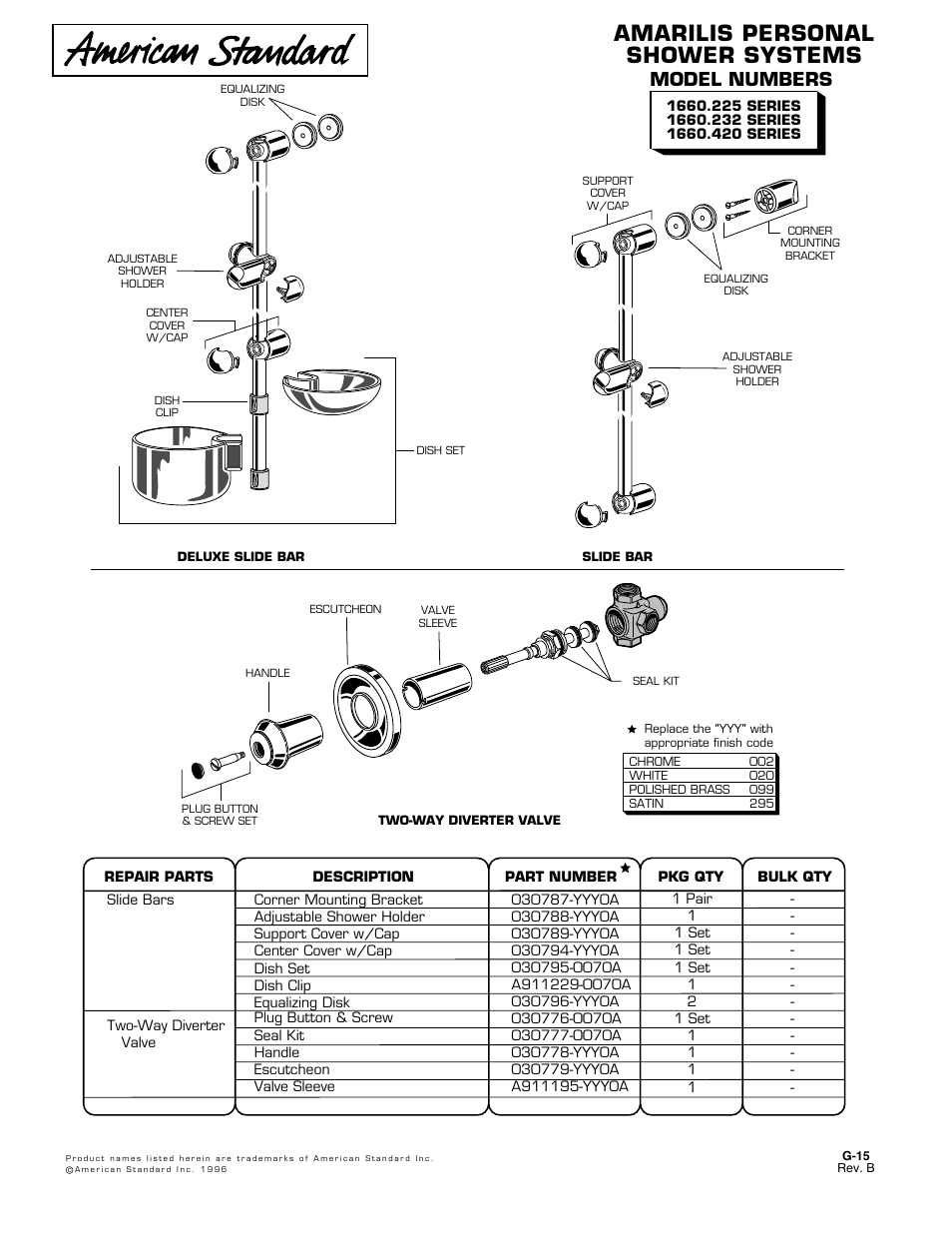 American Standard Deluxe Slide Bar 1660.232 SERIES User Manual | 1 page