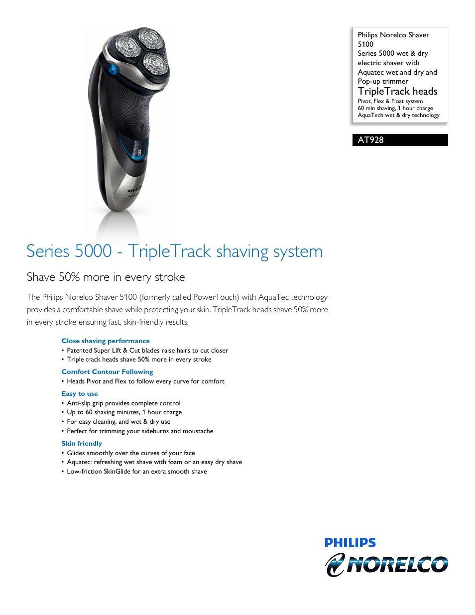 Philips Norelco Shaver 5100 Series 5000 wet & dry electric shaver AT928 TripleTrack heads Pivot Flex & Float system 60 min shaving 1 hour charge AquaTech wet & dry technology with Aquatec wet and dry and Pop-up trimmer User Manual | 3 pages