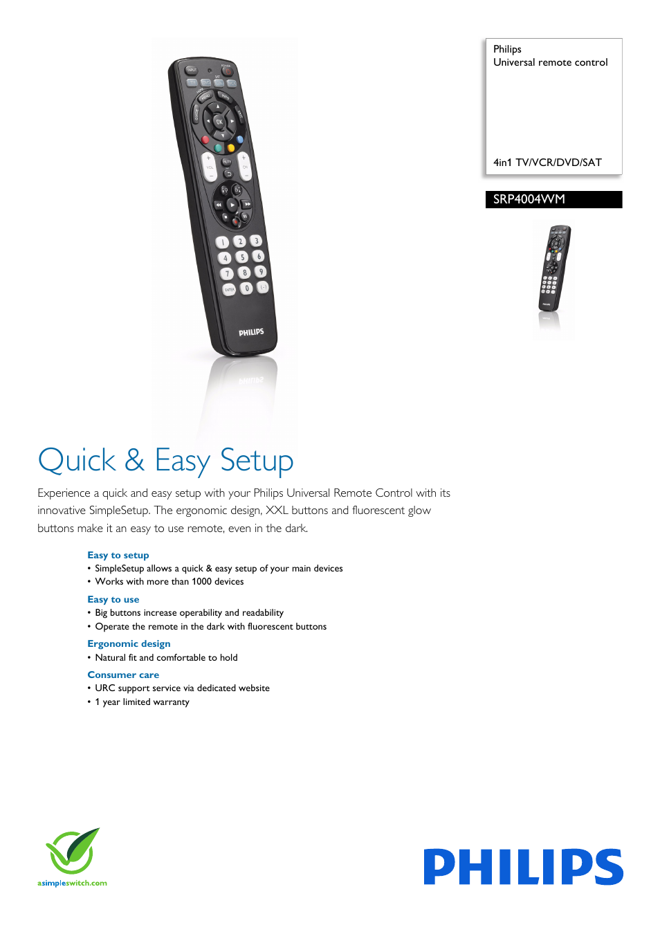 Philips Universal remote control SRP4004WM 4in1 TV-VCR-DVD-SAT User Manual | 2 pages