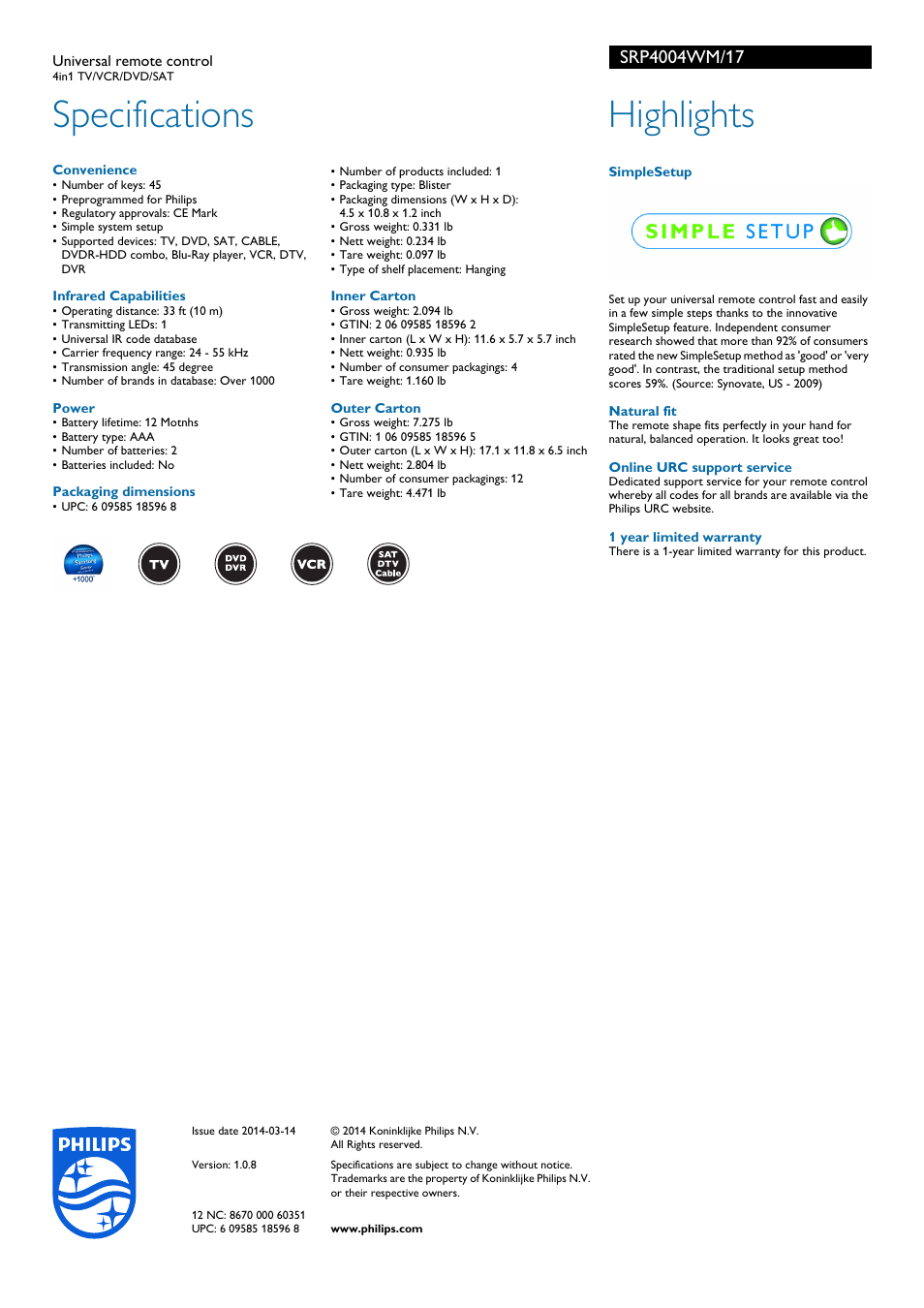 Specifications, Highlights | Philips Universal remote control SRP4004WM 4in1 TV-VCR-DVD-SAT User Manual | Page 2 / 2