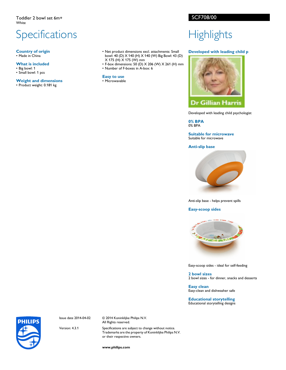 Specifications, Highlights | Philips SCF708-00 User Manual | Page 2 / 2
