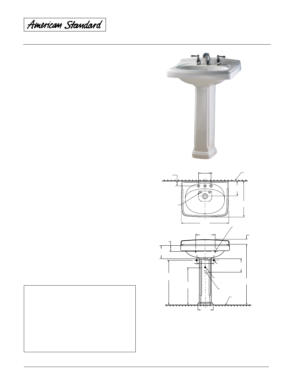 American Standard Williamsburg Pedestal Lavatory 0555.800 User Manual | 1 page