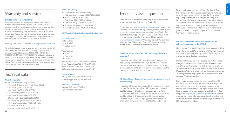 Frequently asked questions, Warranty and service, Technical data | Philips DLA99901-17 User Manual | Page 11 / 14