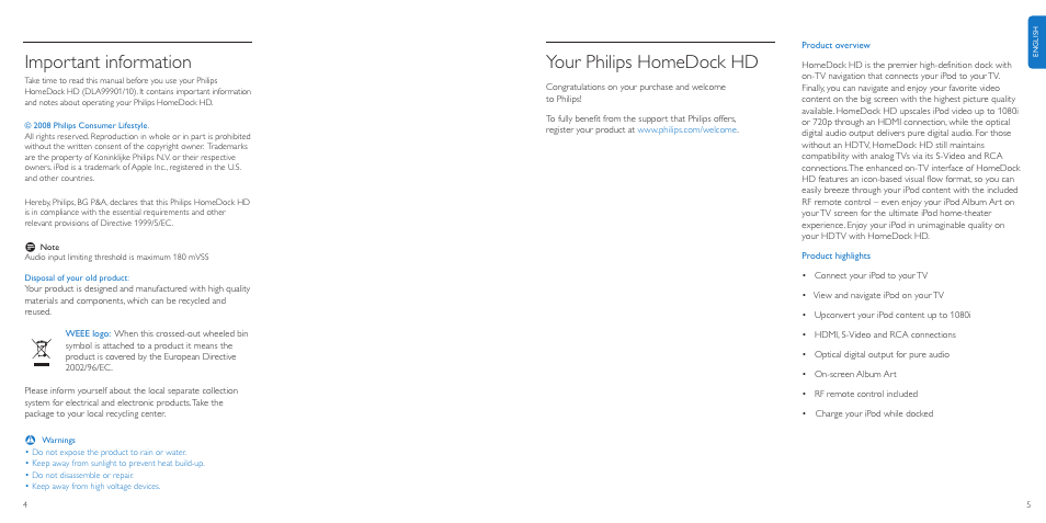 Your philips homedock hd, Important information | Philips DLA99901-17 User Manual | Page 3 / 14