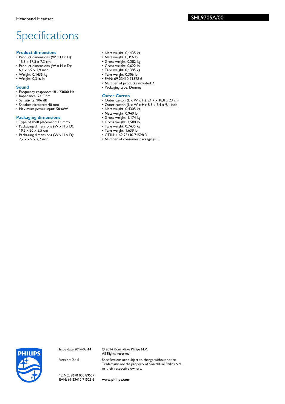 Specifications | Philips SHL9705A-00 User Manual | Page 3 / 3