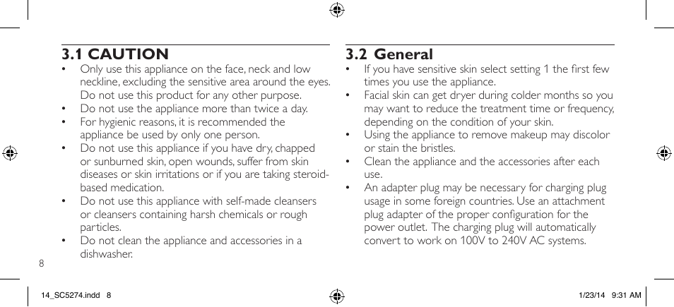1 caution, 2 general | Philips SC5274-10 User Manual | Page 10 / 64