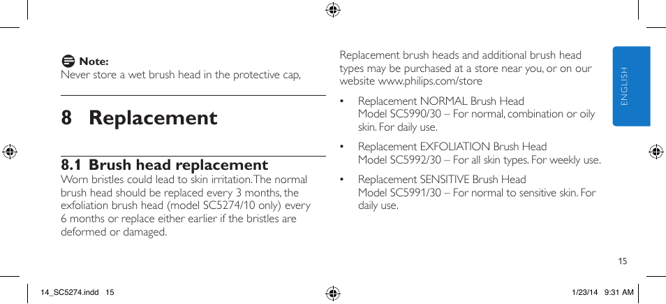8 replacement, 1 brush head replacement | Philips SC5274-10 User Manual | Page 17 / 64