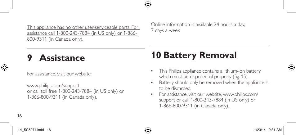 9 assistance, 10 battery removal | Philips SC5274-10 User Manual | Page 18 / 64