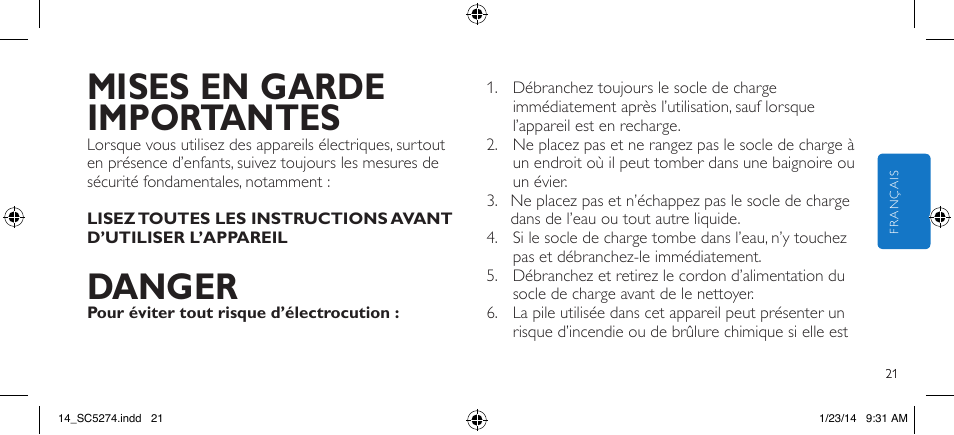 Mises en garde importantes, Danger | Philips SC5274-10 User Manual | Page 23 / 64
