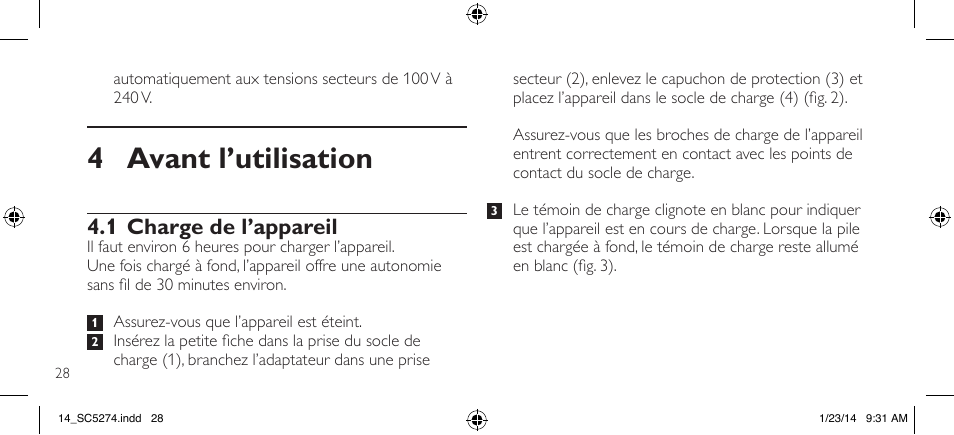 4 avant l’utilisation, 1 charge de l’appareil | Philips SC5274-10 User Manual | Page 30 / 64