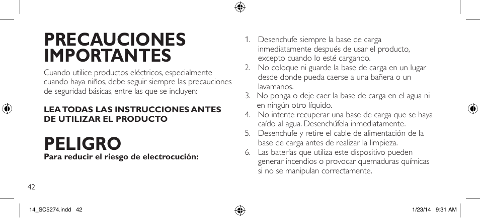 Precauciones importantes, Peligro | Philips SC5274-10 User Manual | Page 44 / 64