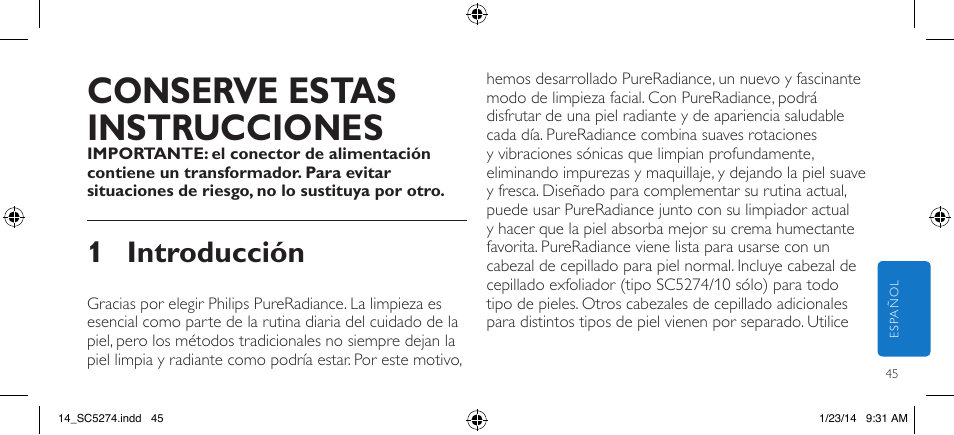 Conserve estas instrucciones, 1 introducción | Philips SC5274-10 User Manual | Page 47 / 64