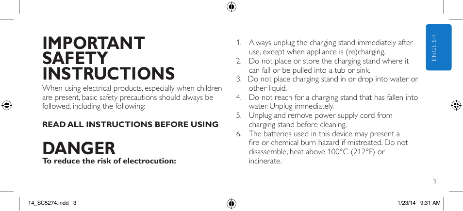 Important safety instructions, Danger | Philips SC5274-10 User Manual | Page 5 / 64