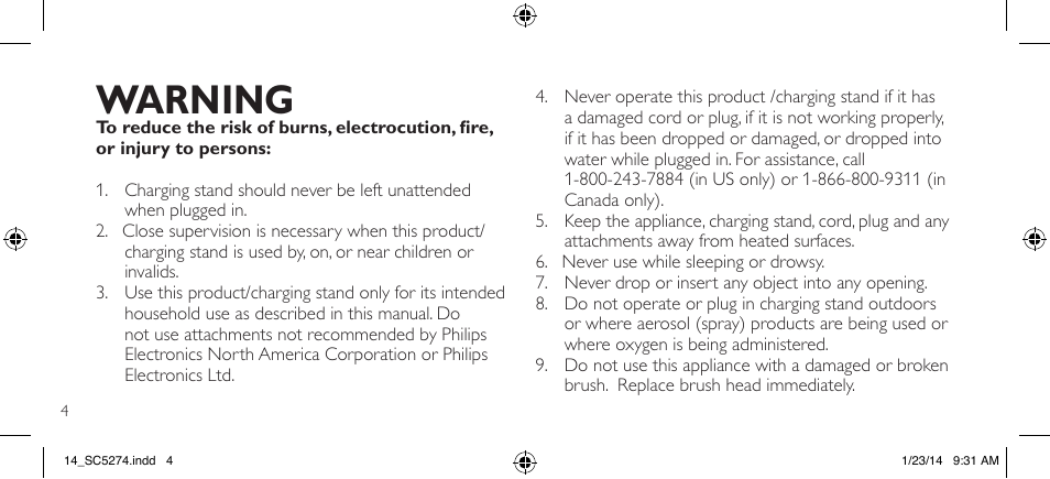 Warning | Philips SC5274-10 User Manual | Page 6 / 64