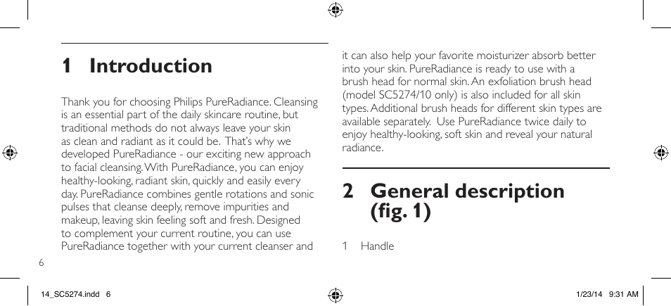 1 introduction, 2 general description (fig. 1) | Philips SC5274-10 User Manual | Page 8 / 64